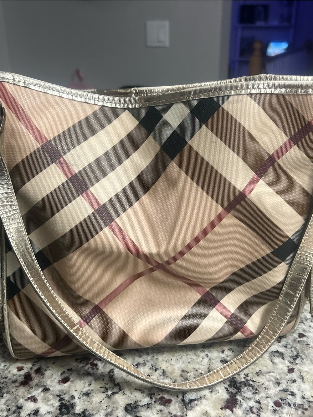 Burberry Plaid Tote Bag in Beige and Brown with Metallic Trim